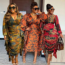 Fashion Print Lantern Sleeves Flounced Slim Maxi Dress NY-10597