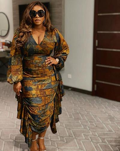 Fashion Print Lantern Sleeves Flounced Slim Maxi Dress NY-10597