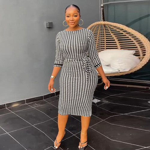 Elegant Women White Black Plaid Tight Midi Dress NY-10599