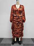 Fashion Print Lantern Sleeves Flounced Slim Maxi Dress NY-10597