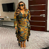 Fashion Print Lantern Sleeves Flounced Slim Maxi Dress NY-10597
