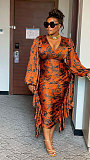 Fashion Print Lantern Sleeves Flounced Slim Maxi Dress NY-10597