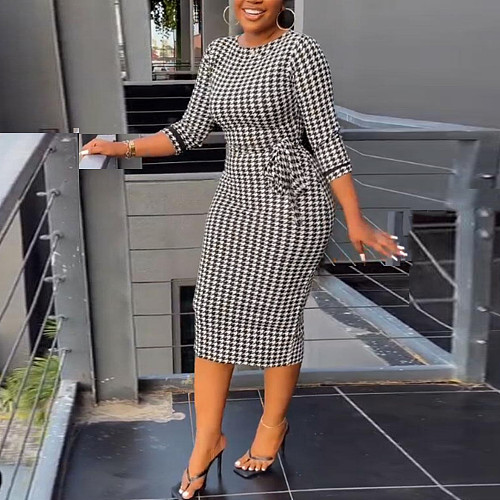 Elegant Women White Black Plaid Tight Midi Dress NY-10599
