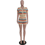 Colorful Stripes Knitted Shorts Two-piece Sets TR-1271