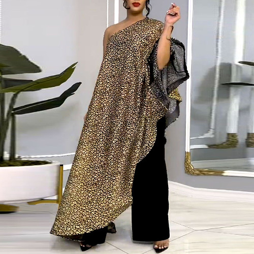 Sexy Oblique Shoulder Gilding Patchwork Long Jumpsuits NY-2840