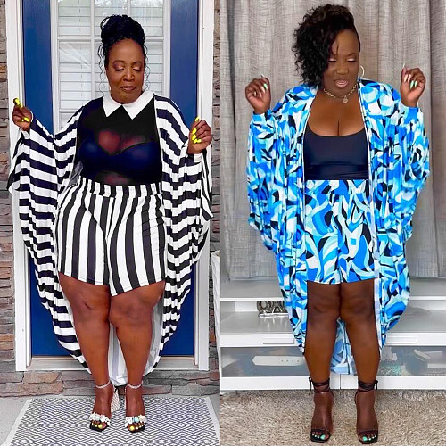 Large Size Loose Stripes Print Shorts Two-piece Sets NY-10600