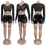 Sexy Hot Drilling Mesh Patchwork Bandage Black Shorts Sets NY-2838