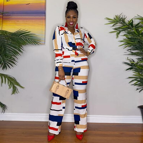 Fashion Irregular Print Long Sleeve Blouse Long Pants 2 Pieces Set NY-10616