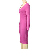Sexy Low Cut Long Sleeves Package Hips Rose Red Midi Dress SH-390818