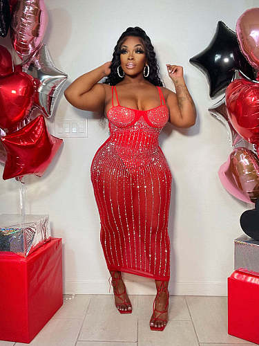Sexy See Through Sling Sleeveless Hot Drilling Midi Sheath Dresses NY-2072