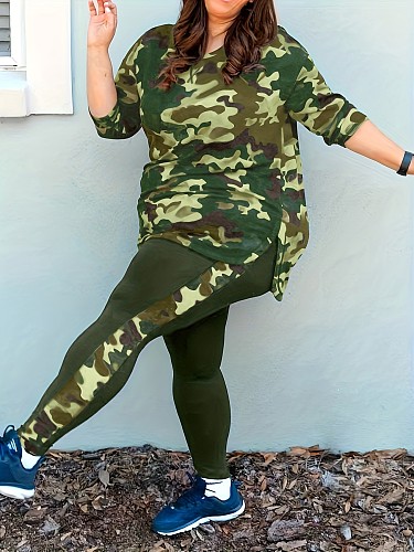 Large Size Women Camo Print Long Pants Sets Two Pieces ​SH-39071