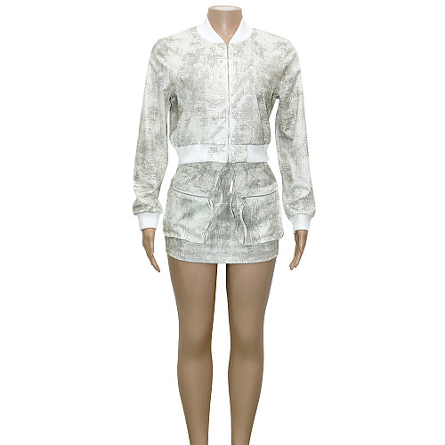 Leisure Women Print Bomber jacket And Mini Skirt Sets SH-390795
