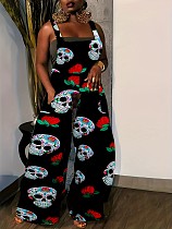 Women Printed Halloween Skull Sleeveless Suspenders Wide-leg Pants SH-390760