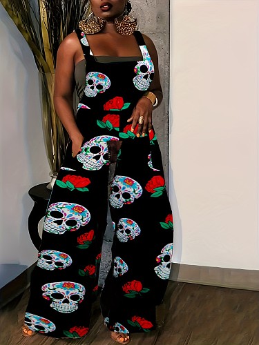 Women Printed Halloween Skull Sleeveless Suspenders Wide-leg Pants SH-390760