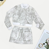 Leisure Women Print Bomber jacket And Mini Skirt Sets SH-390795