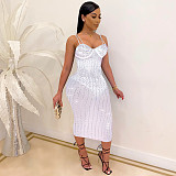 Sexy See Through Sling Sleeveless Hot Drilling Midi Sheath Dresses NY-2072