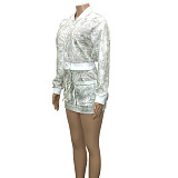 Leisure Women Print Bomber jacket And Mini Skirt Sets SH-390795