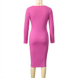 Sexy Low Cut Long Sleeves Package Hips Rose Red Midi Dress SH-390818