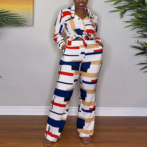 Fashion Irregular Print Long Sleeve Blouse Long Pants 2 Pieces Set NY-10616