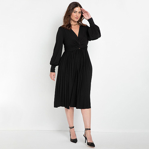 Plus Size Women V-neck Lantern Sleeves Pleated Dress NNWY-7951