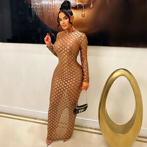 Sexy Transparent Round Collar Long Sleeves Long Dresses YS-865