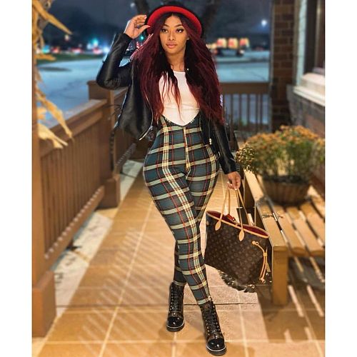 Women White Tops And Plaid Print Straps Pants 2 Piece Sets YS-866