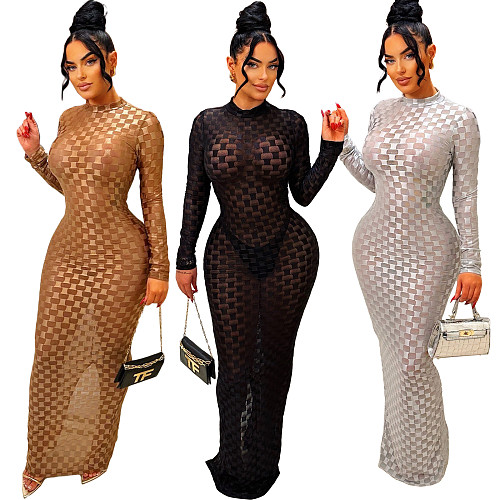 Sexy Transparent Round Collar Long Sleeves Long Dresses YS-865