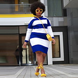 Plus Size Women Round Collar Long Sleeves Stripes Knitted Dress NNWY-7958