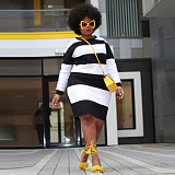 Plus Size Women Round Collar Long Sleeves Stripes Knitted Dress NNWY-7958