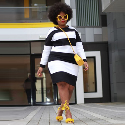 Plus Size Women Round Collar Long Sleeves Stripes Knitted Dress NNWY-7958