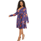 Plus Size Women V-neck Long Sleeves Pleated Dress NNWY-7957