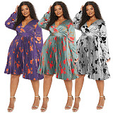 Plus Size Women V-neck Long Sleeves Pleated Dress NNWY-7957
