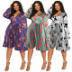 Plus Size Women V-neck Long Sleeves Pleated Dress NNWY-7957
