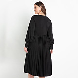 Plus Size Women V-neck Lantern Sleeves Pleated Dress NNWY-7951