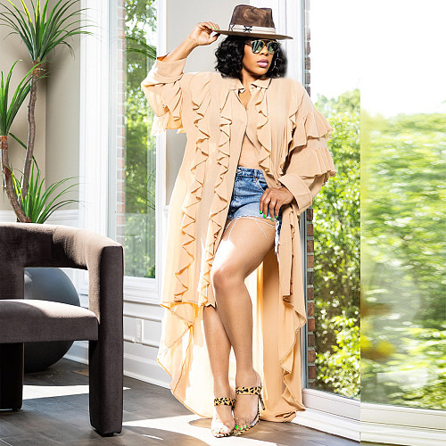 Stylish Women High-low Hemline Peplum Sleeve Long Shirt Dress YS-863