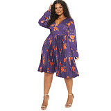 Plus Size Women V-neck Long Sleeves Pleated Dress NNWY-7957