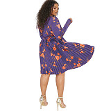 Plus Size Women V-neck Long Sleeves Pleated Dress NNWY-7957