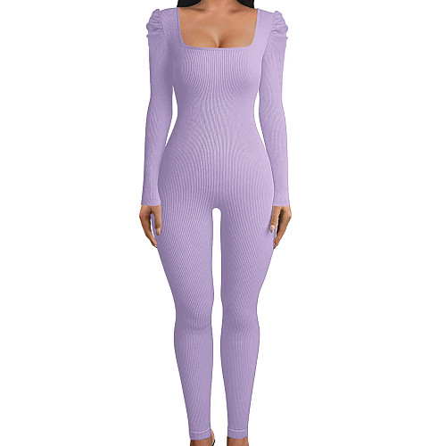 Women Square Collar Solild Color Slim Jumpsuit HXZY-0345