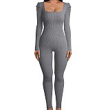 Women Square Collar Solild Color Slim Jumpsuit HXZY-0345