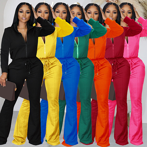 Leisure Solid Color Zipper Tops And Flared Pants Women Two-piece Sets JLY-19620