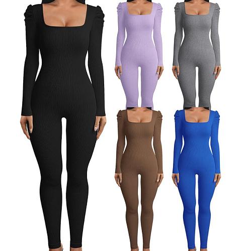 Women Square Collar Solild Color Slim Jumpsuit HXZY-0345