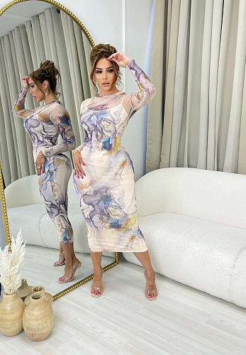 Trendy Print Transparent Mesh Long Dresses OSD-6973