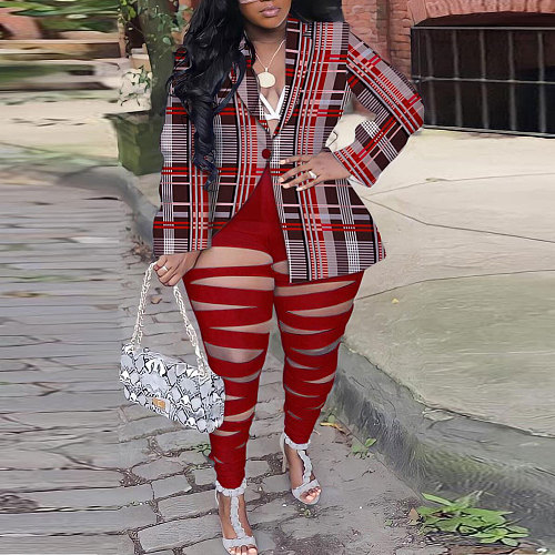 Fashion Print Women Lapel Collar Blazer And Hollow Out Pants Large Size 2 Piece Sets NY-2686