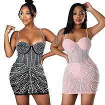 Sexy Hot Drilling Mesh Straps Nightclub Sheath Mini Dress OSD-6942