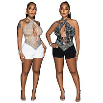 Sexy Halter Backless Hot Drilling Mesh Rompers OSD-6956