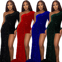 Sexy Simple Shoulder Sequined Long Swing Mini Dress OSD-6922