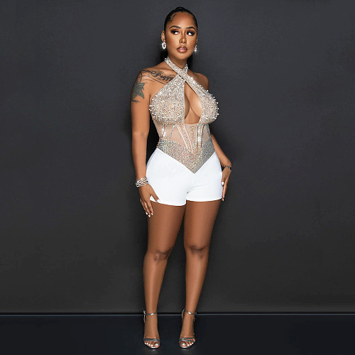 Sexy Halter Backless Hot Drilling Mesh Rompers OSD-6956