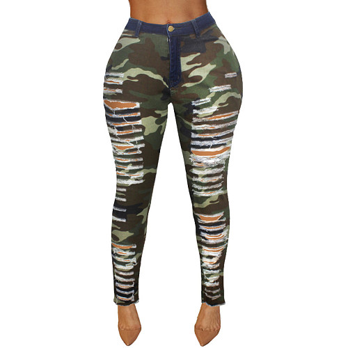 Women High Waist Broken-holes Camouflage Pants HSF-2096
