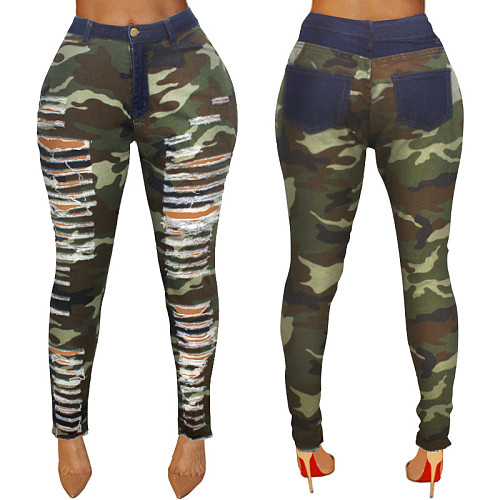 Women High Waist Broken-holes Camouflage Pants HSF-2096