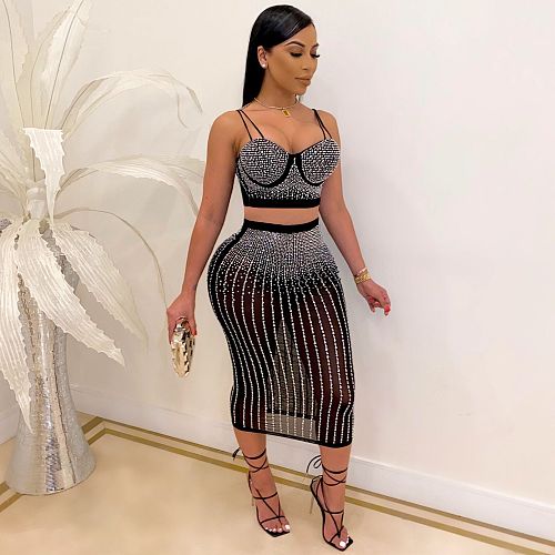 Sexy Women Strapless Straps Hot Drilling Long Skirts Sets NY-2383
